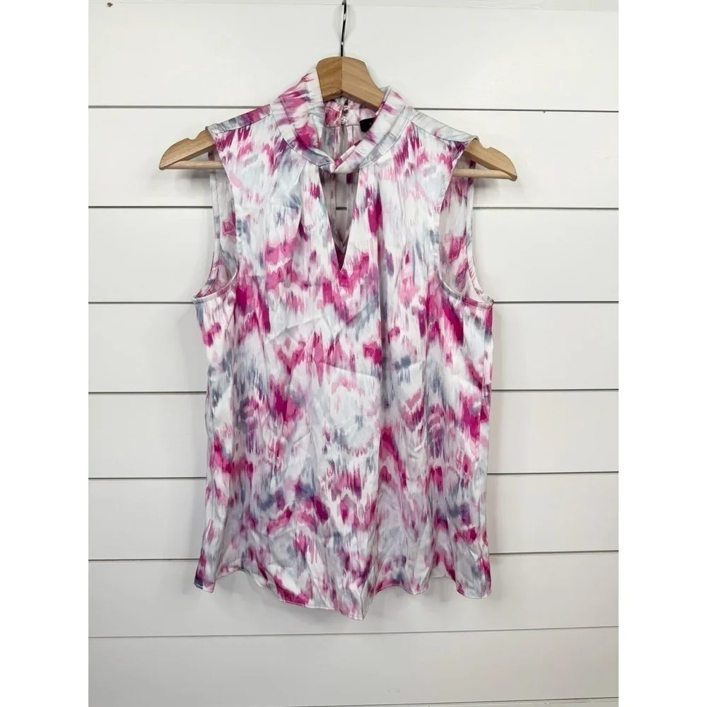 Halogen Womens Blouse Size XS Pink Gray Abstract Mock Neck Keyhole Sleeveless - Picture 2 of 10
